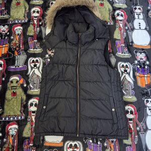 Old Navy Black Puffer Vest with Faux Fur Hood
